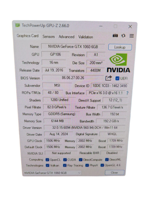LENOVO/MSI NVIDIA GEFORCE GTX 1060 6GB PCIE %\t %