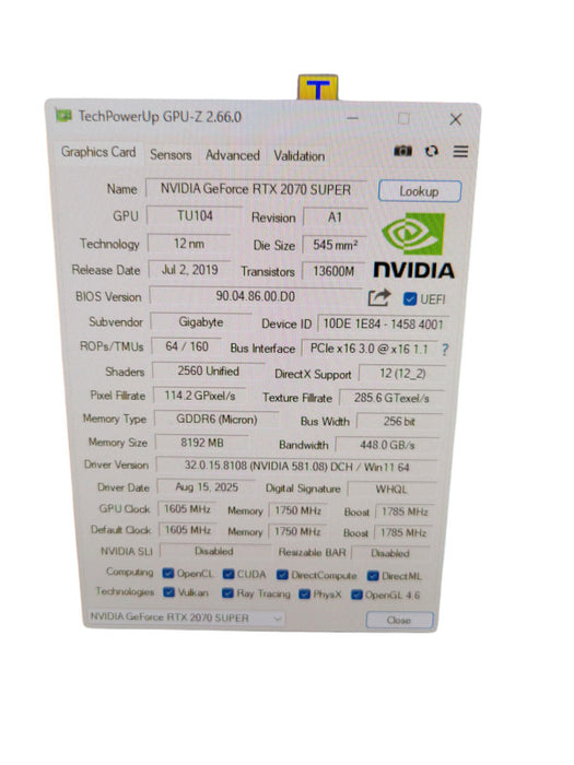 GIGABYTE NVIDIA RTX 2070 SUPER 8GB GDDR6 PCIE %