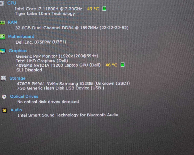 Dell Precision 5560 i7-11800H NVIDIA T1200 32GB RAM 512SSD No Power Adapter  Lap200