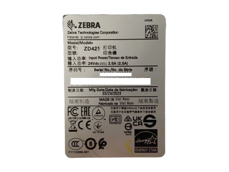 Zebra ZD421 USB Bluetooth Thermal Transfer Label Printer ZD4A042-301E00EZ