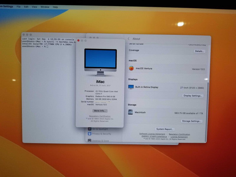 Apple iMac 27" Retina 5K 2017 / A1419, i7-7700K CPU 4.20GHz 64GB RAM - 1TB