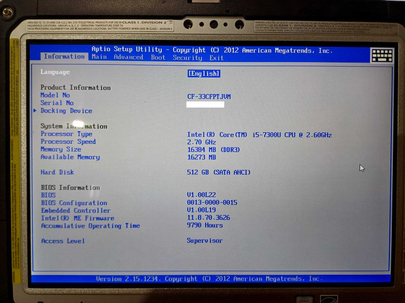 Panasonic Toughbook CF-33 Touch i5-7300U, 16GB DDR3, 512GB SSD, 9790 Hours Q Lap200