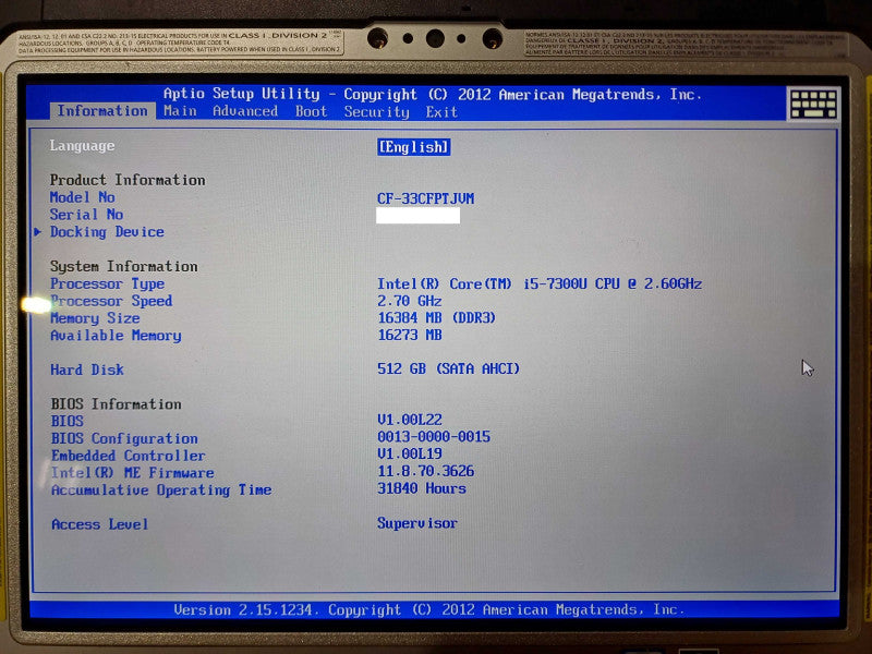 Panasonic Toughbook CF-33 Touch i5-7300U, 16GB DDR3, 512GB SSD, 31840 Hours Q Lap200