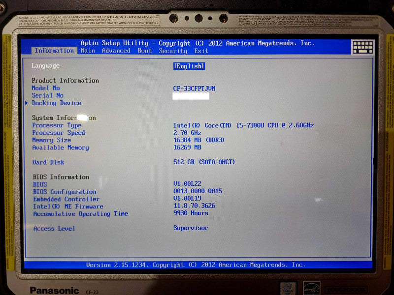 Panasonic Toughbook CF-33 Touch i5-7300U, 16GB DDR3,512GB SSD, 9930Hrs, SEE  Lap200