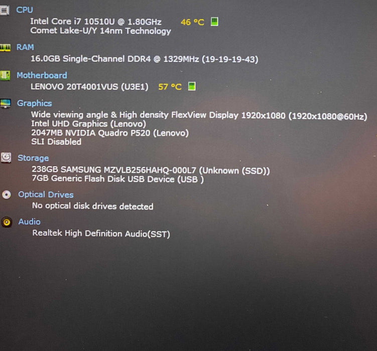 Lenovo ThinkPad P15s Gen 1 i7-10510U QUADRO P520 2GB GPU 16GB RAM 256GB SSD  Lap200