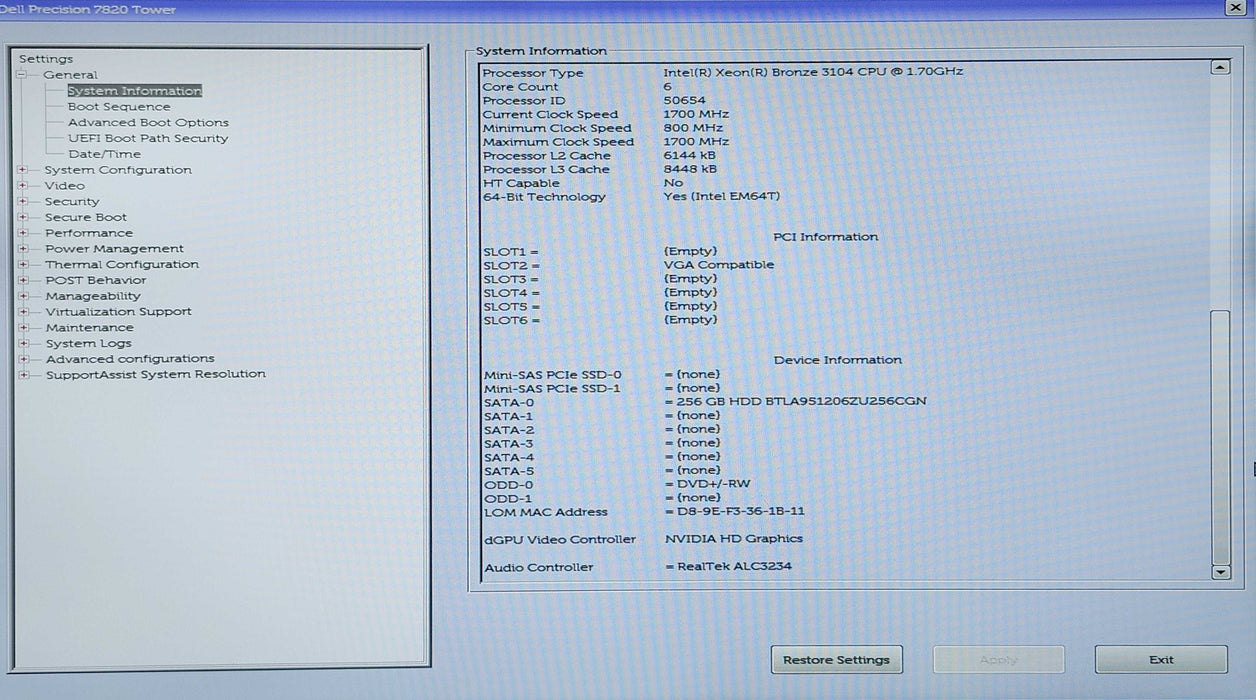Dell Precision 7820, Xeon Bronze 3104, 8GB DDR4, K2000, 256GB SSD, 950W PSU