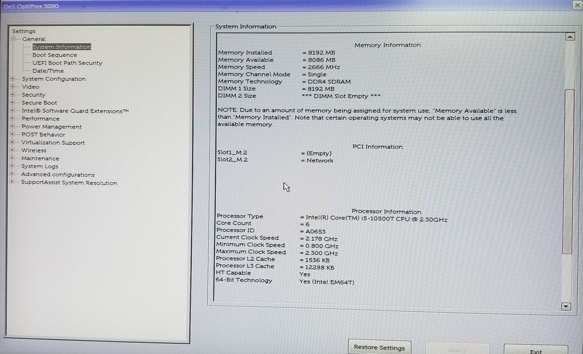 Dell OptiPlex 3080 USFF Intel i5 10500T CPU 2.30GHz 8GB RAM - No HDD