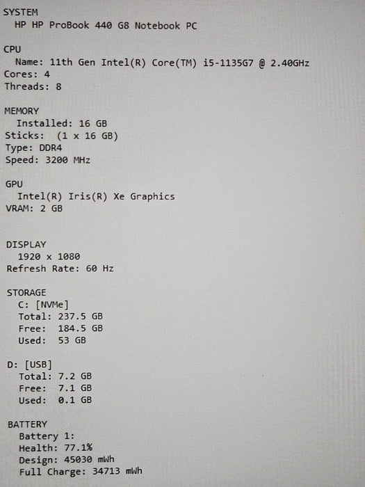 HP ProBook 440 G8 i5-1135G7 16GB DDR4 256GB NVMe β Lap200