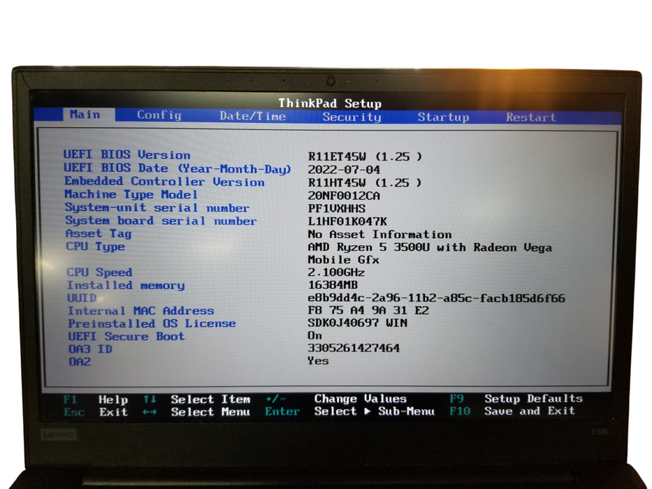 Lenovo ThinkpPad E595 Ryzen 5 3500U, 16GB DDR4, 256GB NVMe W/Adapter  Lap200