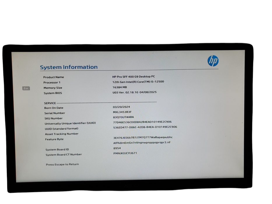 HP Pro SFF 400 G9 Desktop,  i5-12500 3.00GHz, 16GB DDR5, 256GB NVMe, no OS