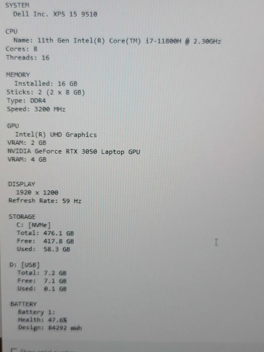Dell XPS 15 9510 i7-11800H 16GB DDR4 RTX 3050 512GB NVMe READ β Lap200