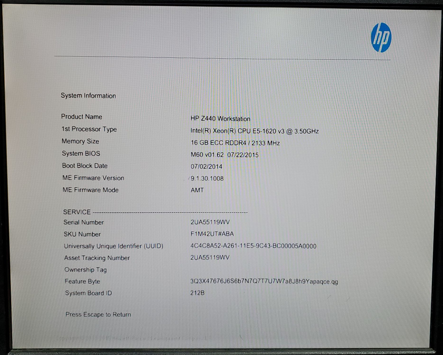 HP Z440 Workstation E5-1620 v3 @ 3.5GHz 16GB DDR4 Quadro k620 GPU NO HDD