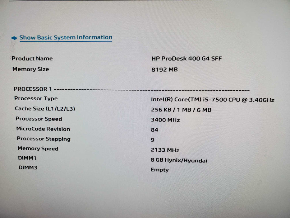 HP EliteDesk 400 G4 SFF I5-7500@3.4GHz 8GB RAM 256GB SSD NO OS