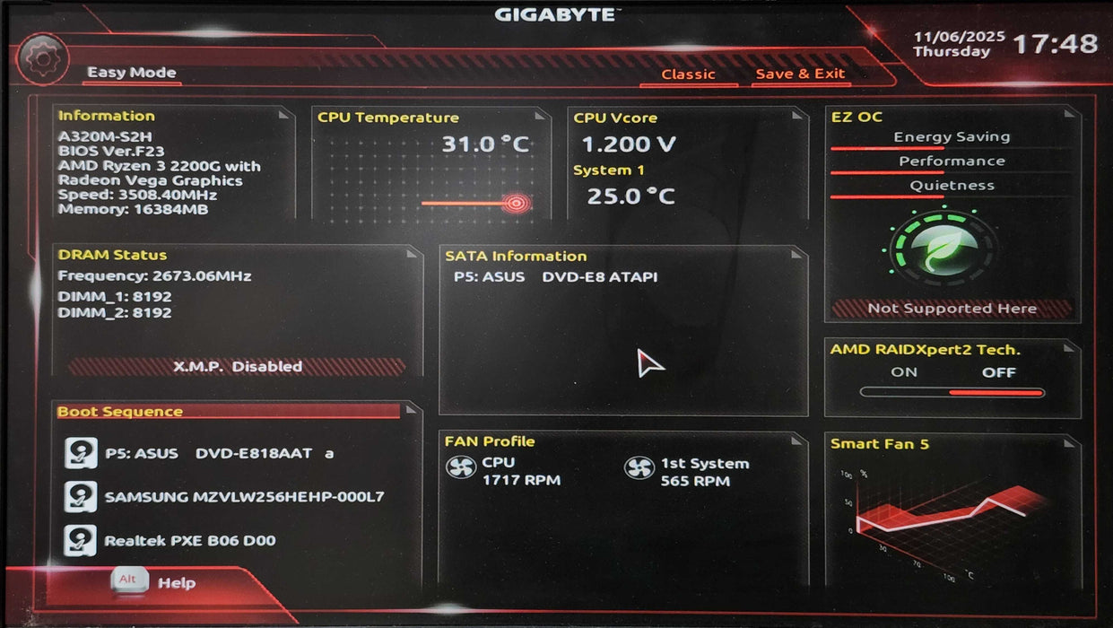 Custom PC, Gigabyte A320M-S2H, Ryzen 3 2200G, 16GB DDR4, 256GB NVMe