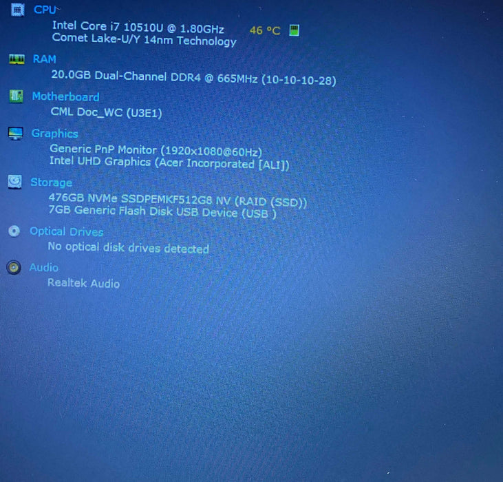 Acer Aspire A515-54 Core i7-10510U@1.80GHz 20GB RAM 512GB SSD  Lap200