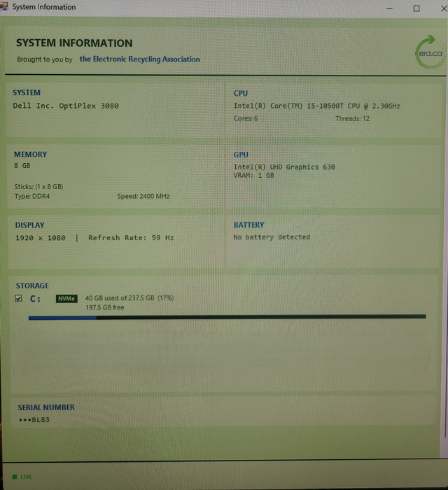 Dell OptiPlex 3080 i5-10500T @2.30GHz 16GB RAM DDR4 256GB NVMe