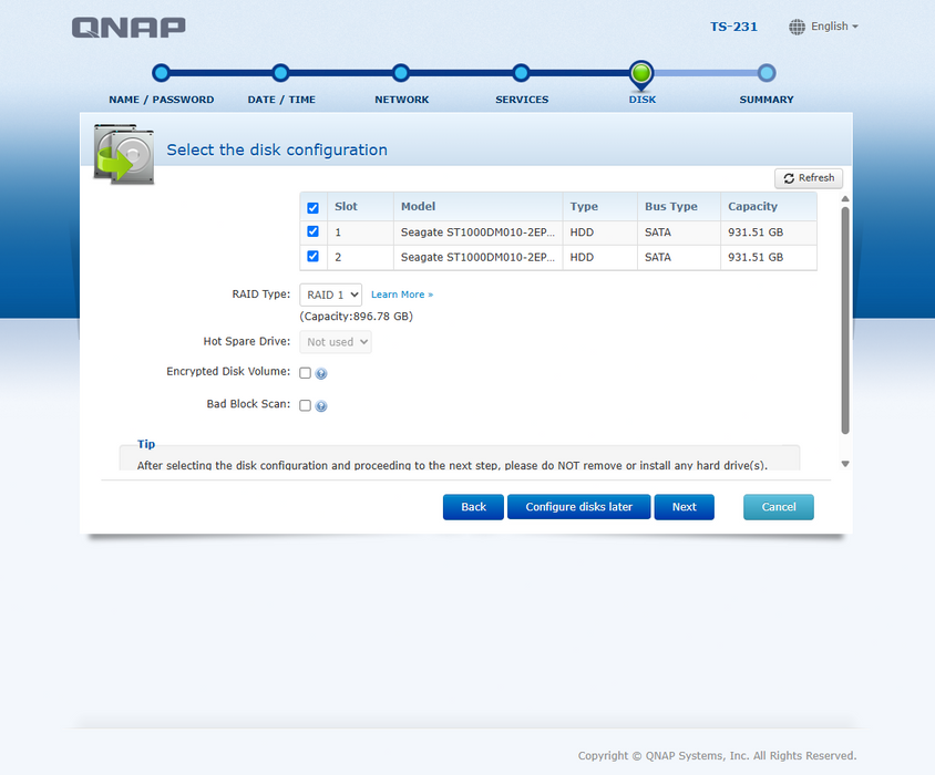 QNAP TS-231, 2 Bay NAS with 2x 1TB HDDs, No Power adapter