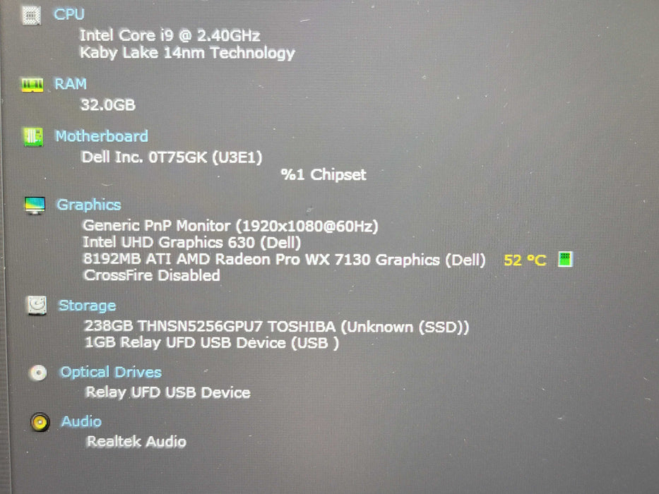 Dell Precision 7740 i9-9880HK 32GB DDR4 AMD WX 7130 256GB SSD PARTS/REPAIR  β Lap200
