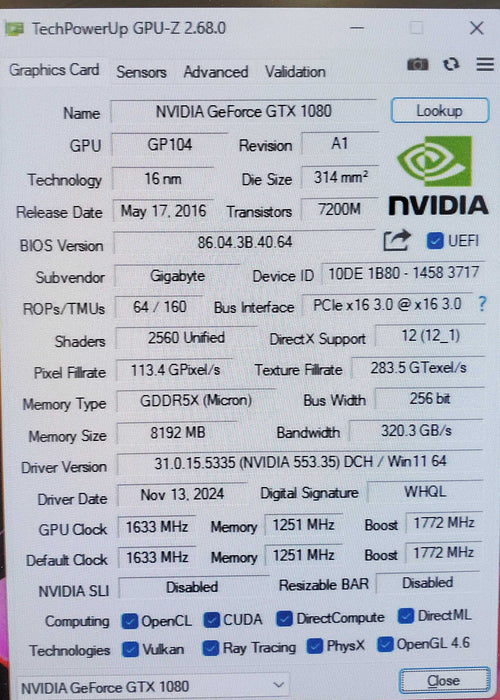 GIGABYTE GeForce GTX 1080 Windforce OC 8GB GPU | GV-N1080WF3OC-8GD