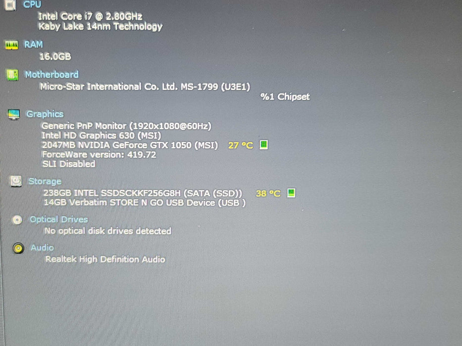 MSI GL72M i7-7700HQ 16GB DDR4 GTX 1050 256GB SSD No AC READ β Lap200