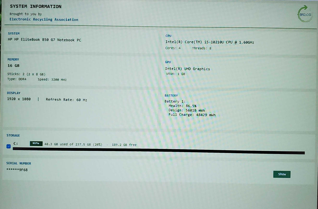 HP EliteBook 850 G7 Core i5-10210U@1.60GHz 16GB RAM 256GB SSD  Lap200