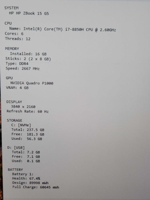 HP ZBook 15 G5 i7-8850H 16GB DDR4 Quadro P1000 256GB NVMe 4K  β Lap200