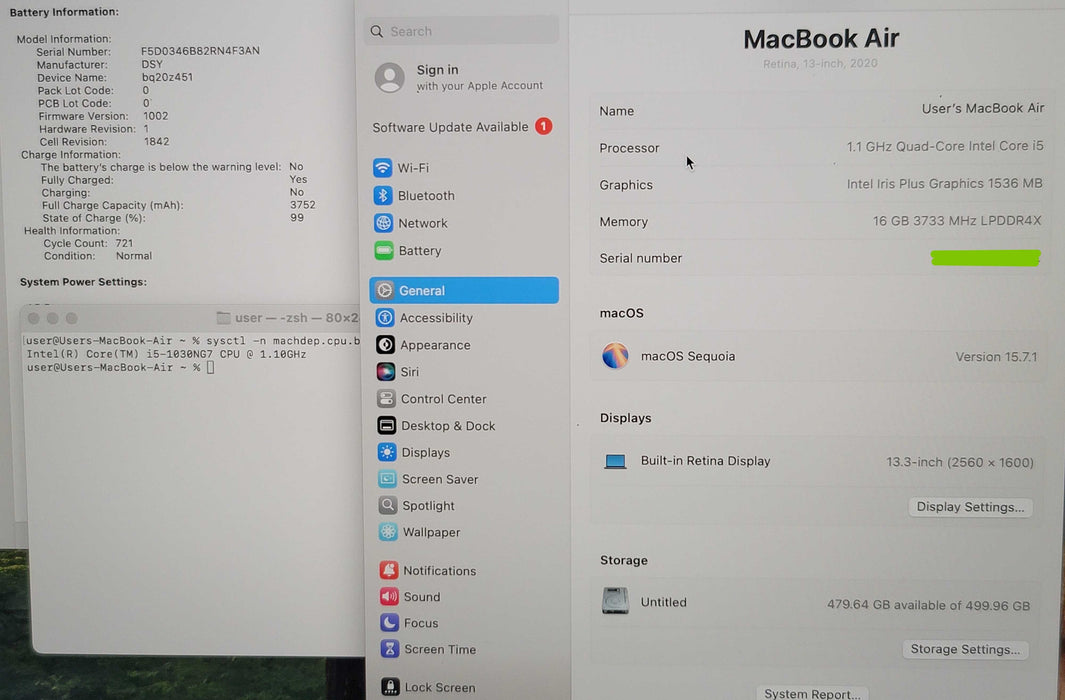 MacBook Air (Retina, 13", 2020) i5-1030NG7 16GB RAM 500GB SSD  β