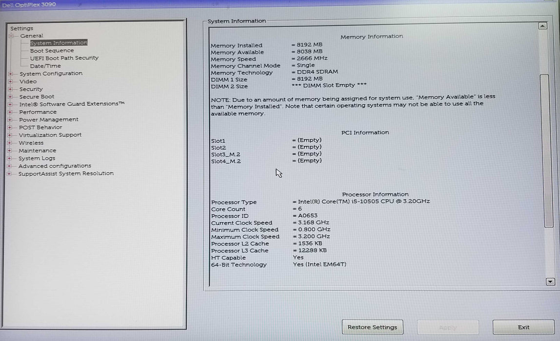 Dell OptiPlex 3090 SFF Intel i5-10505 CPU 3.20GHz 8GB RAM No HDD