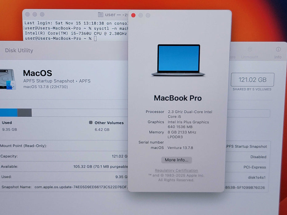 Apple Macbook Pro 2017 13" 2-Core i5-7360U @ 2.3GHz 8GB DDR3 120GB SSD