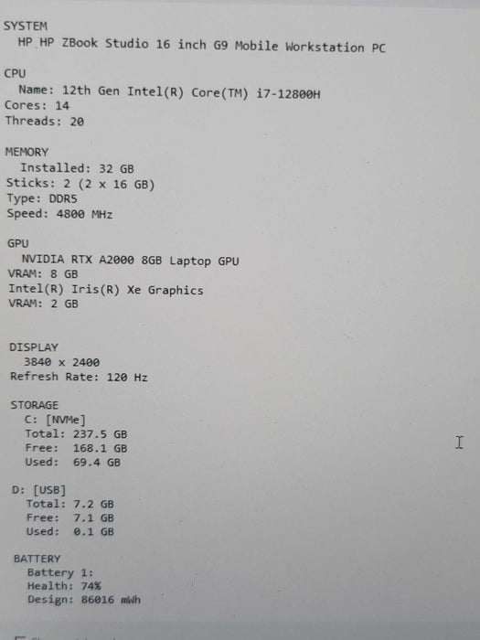 HP ZBook Studio 16" G9 i7-12800H  32GB DDR5 RTX A2000 256GB NVMe 4K  β Lap200