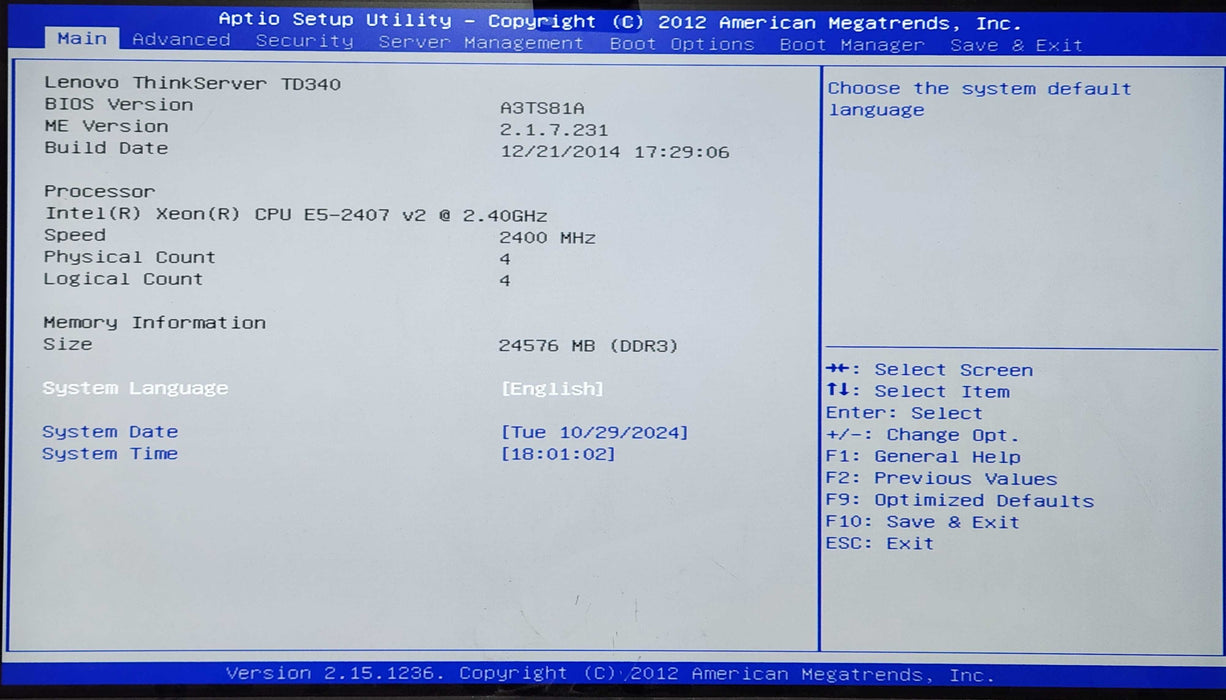 Lenovo TD340, Xeon E5-2407 v2 2.40GHz, 24GB RAM, 9240-8i RAID, No HDD