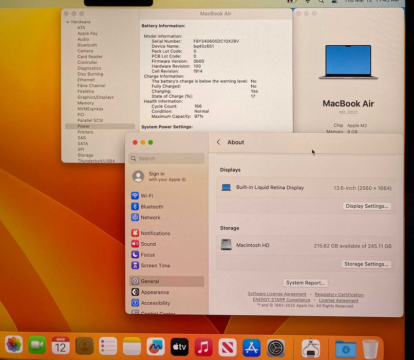 Apple MacBook Air 13  M2 2022 Space Gray 8GB RAM 256GB SSD No Power Adapter