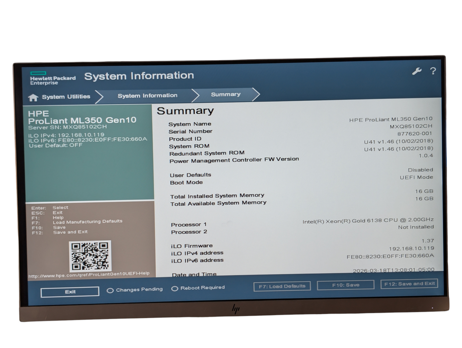 HPE ProLiant ML350 Gen10 Intel Xeon GOLD 6138 16GB RAM -
