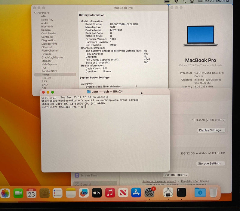 Apple MacBook Pro 13" 2019 i5-8257U 8GB RAM 128GB SSD READ