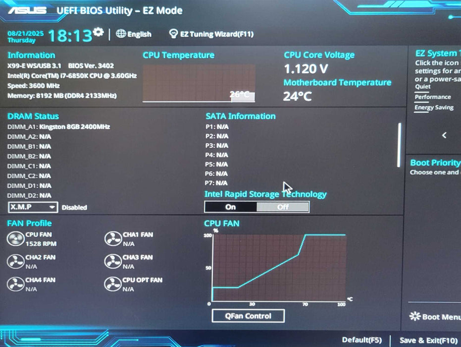 Asus X99-E WS/USB 3.1 board with Core I7-6850K 3.60GHz CPU, 8GB DDR4 RAM Q_