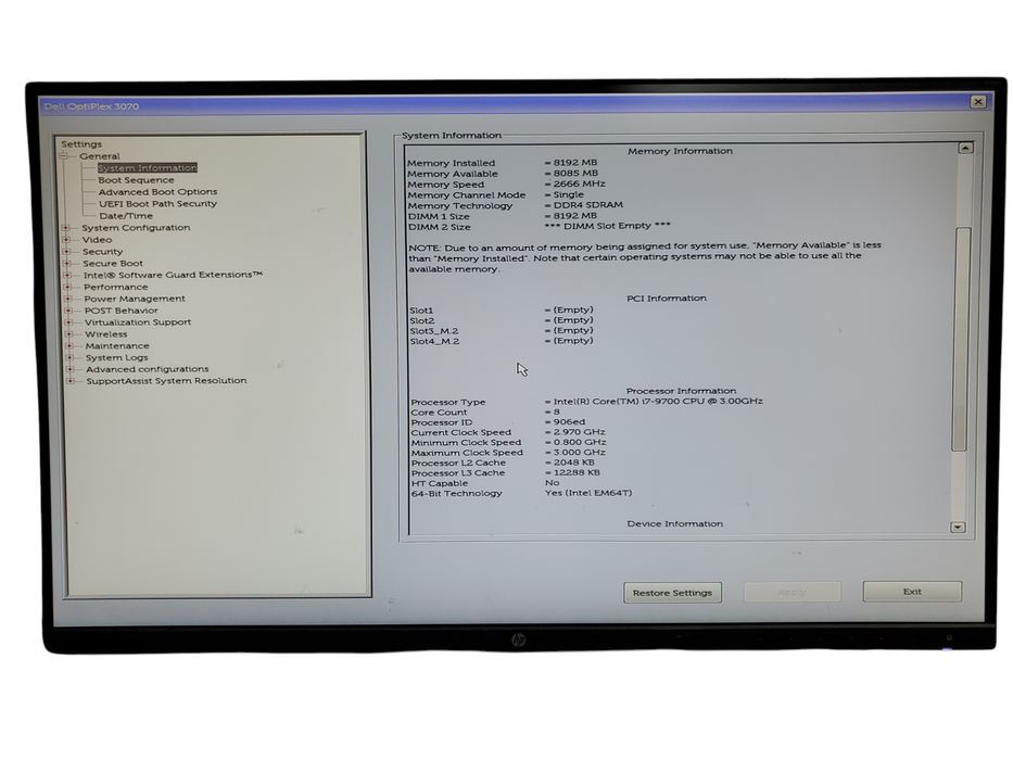 Dell Optiplex 3070 SFF Core i7-9700@3.0GHz 8GB DDR4 - No HDD