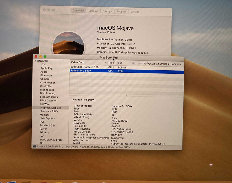 Apple MacBook Pro 15" 2019 i9-9880H 32GB 512SSD Radeon Pro 560X GPU  READ!
