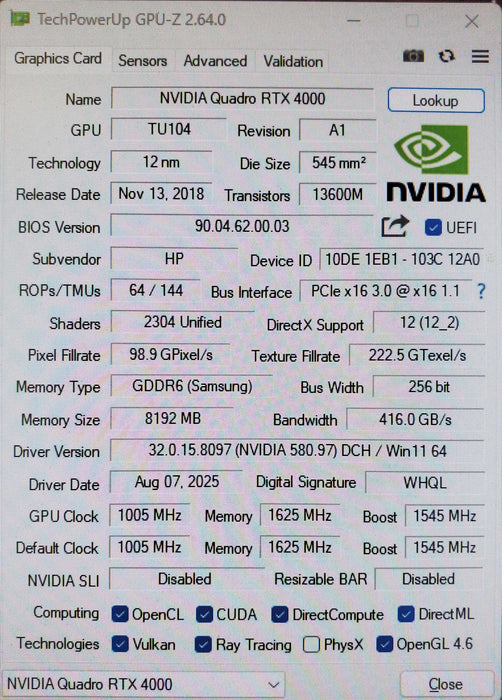 NVIDIA Quadro RTX 4000 8GB GDDR6 Graphics Card