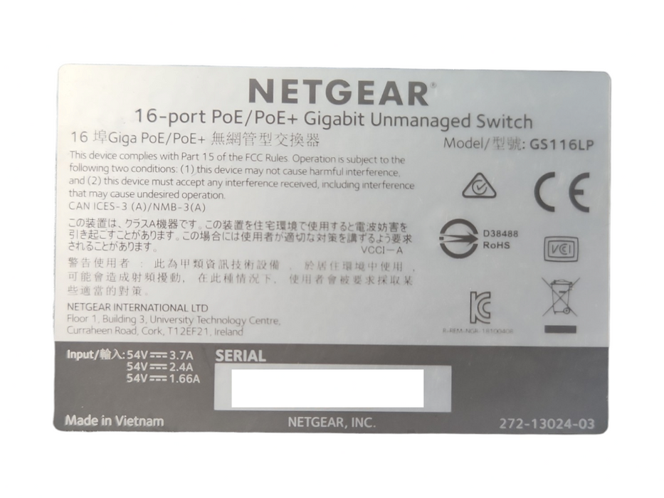 NETGEAR Gigabit 16-Port PoE/PoE+ Gigabit Ethernet Unmanaged Switch GS116LP