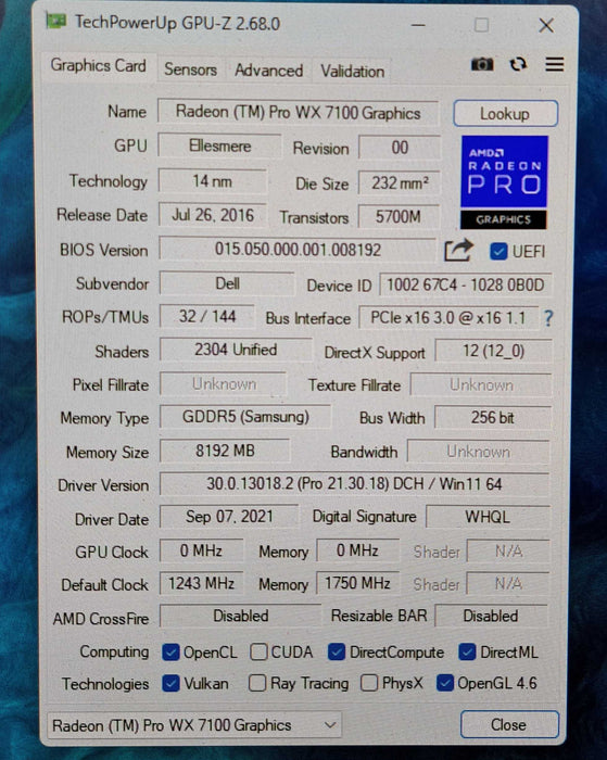 Dell AMD Radeon Pro WX 7100 8GB GDDR5 Graphics Card | 4x DisplayPort  )