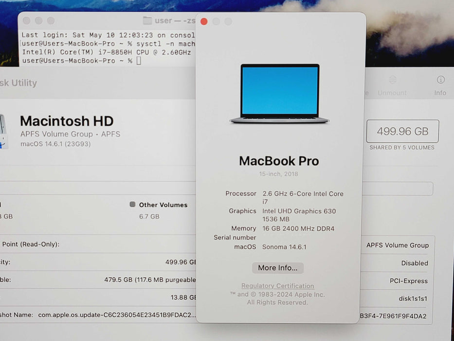 Apple Macbook Pro 2018 15" 6-Core i7-8850H @ 2.6GHz 16GB DDR4 500GB SSD (