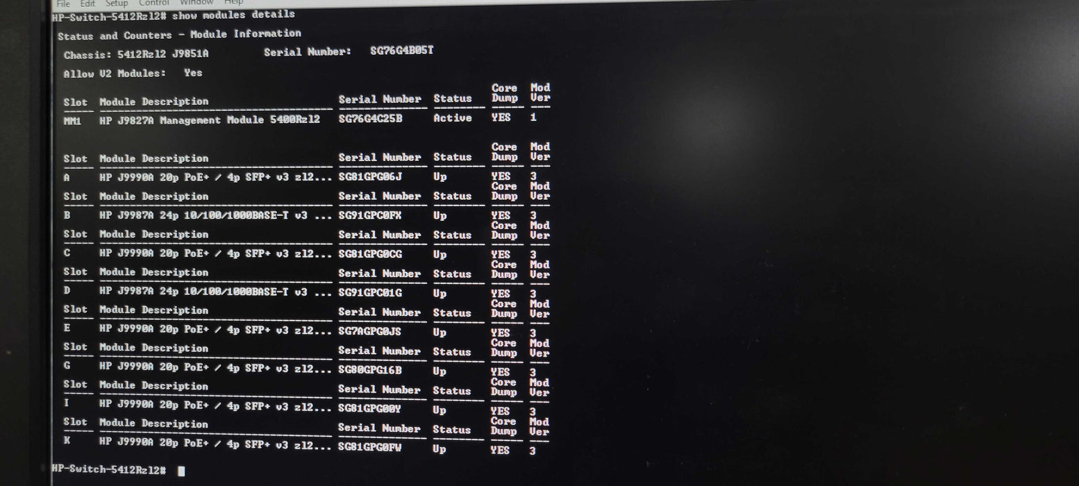 HPE Aruba 5412R zl2 switch w/ 6x J9990A, 1x J9827A, 2x J9987A, 4x PSU, SEE  _