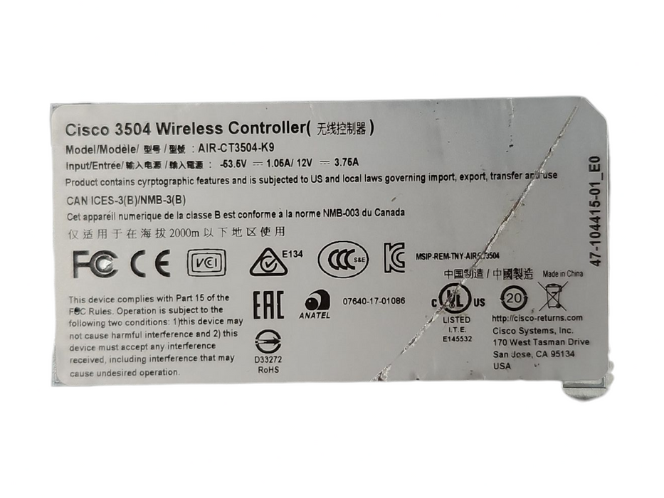Cisco AIR-CT3504-K9 Wireless LAN Controller 3504, No AC Adapter