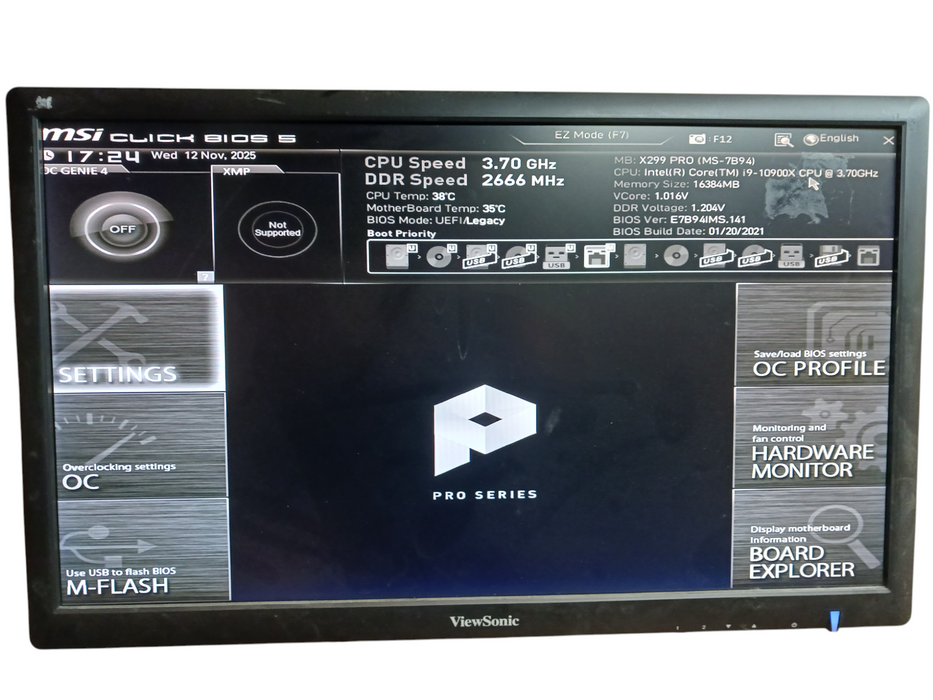 MSI Pro x299 Motherboard & Intel i9-10900X @3.70Ghz 16GB DDR4 READ