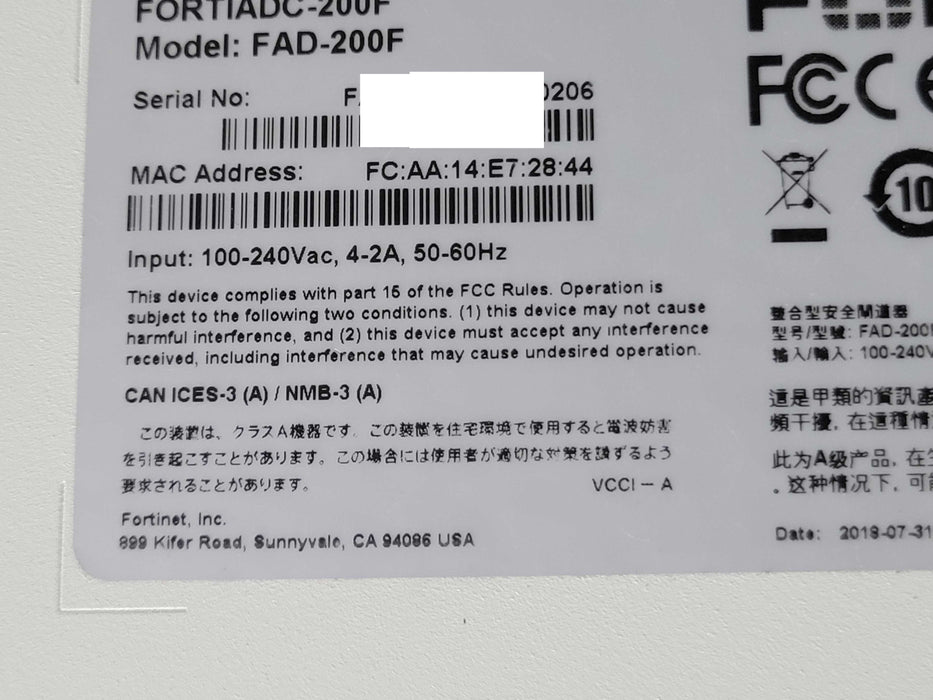 Fortinet FORTIADC FAD-200F APPLICATION ACCELERATOR, READ Q_