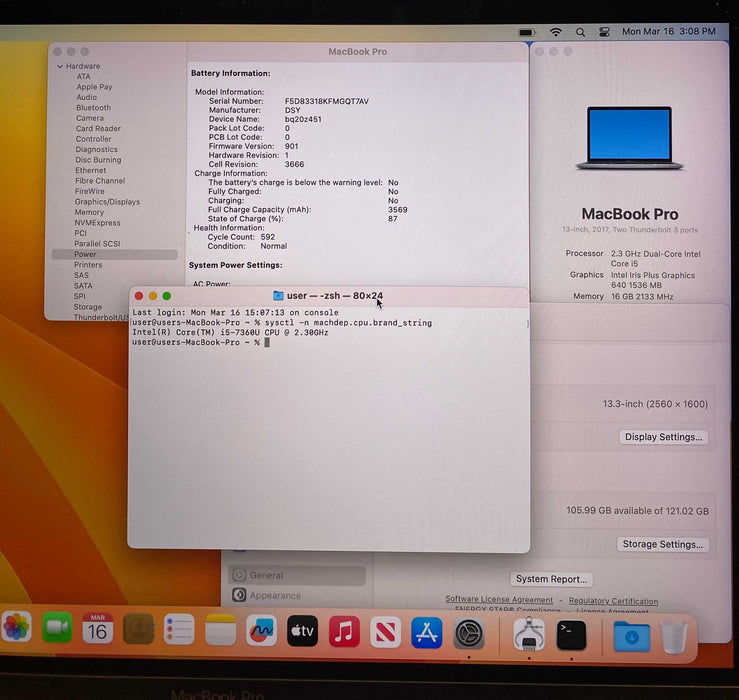 Apple MacBook Pro 13" 2017 i5-7360U 16GB RAM 128SSD No Power Adapter READ!