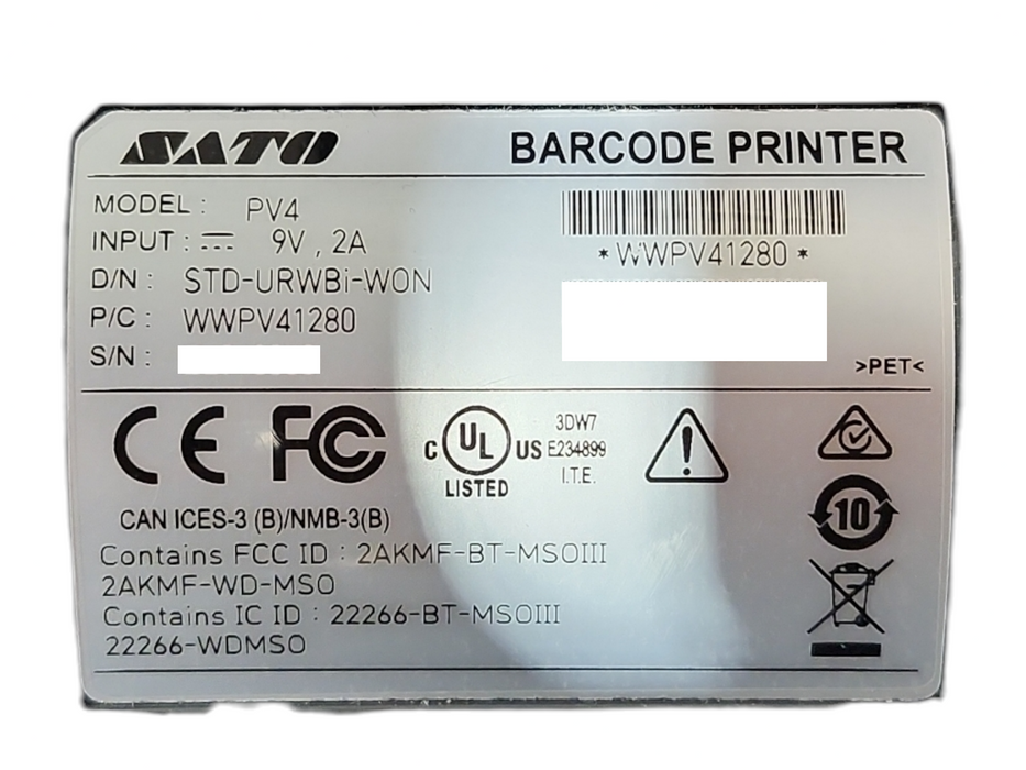 SATO PV4 Direct Thermal Mobile Printer, WWPV41280, No Battery Q