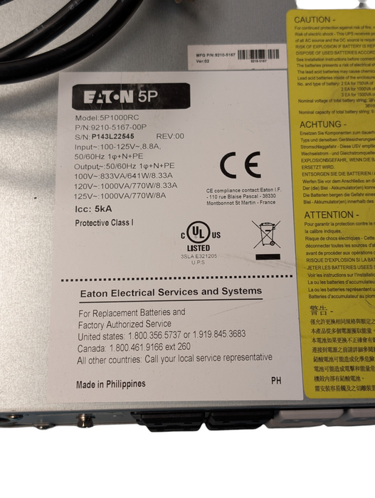 EATON Rack UPS 5P1000RC 9210-5167-00P 120V Please READ  -