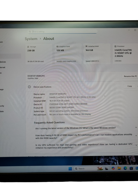 Dell OptiPlex 3080 Micro Core i5-10500T@2.30 GHz 16GB 256GB M.2 NVMe