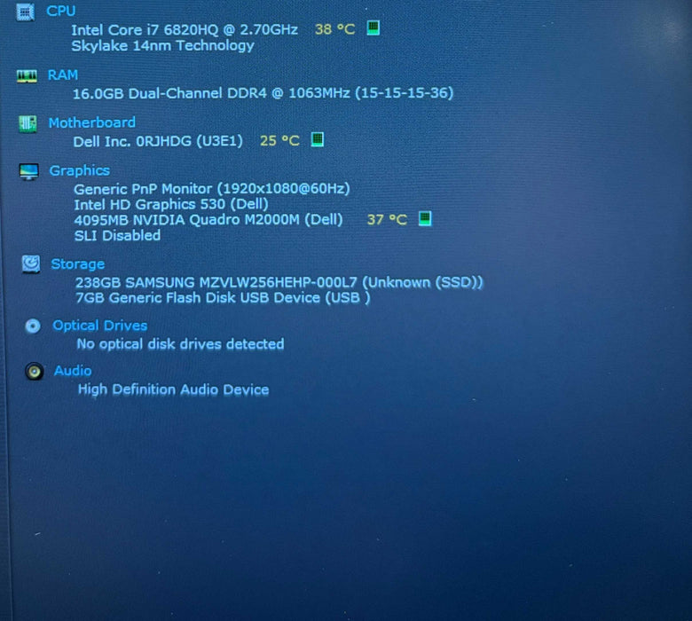 Dell Precision 7510 i7-6820HQ@2.7GHz QUADRO M2000M 4GB GPU 16GB RAM 256SSD Q Lap200
